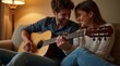 © Alex Pios - A close-up view of a couple sitting together on a cozy couch, with one partner tuning a guitar while the other watches attentively, smiling.