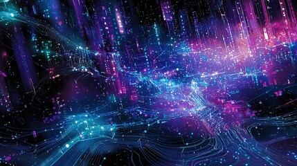 Poster - A vibrant abstract representation of a digital network illuminated by colorful lights in a futuristic cityscape at night