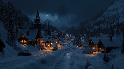 Canvas Print - Snowy village with a church steeple and moonlit sky.