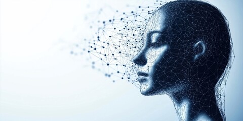 Poster - abstract human face composed of network connections and nodes, digital art