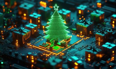 Poster - Christmas tree glowing on circuit board with presents