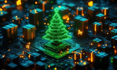 Poster - Christmas tree glowing on circuit board, presents, festive lights