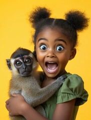 Wall Mural - A young girl holds a monkey close, both looking surprised. AI.