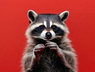 Wall Mural - A raccoon with its paws together looking at the camera. AI.