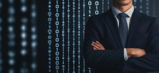 Poster - Businessman standing confidently in front of binary code background