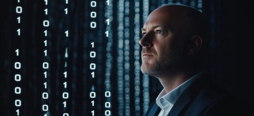 Poster - man contemplating binary code, digital background, technology theme