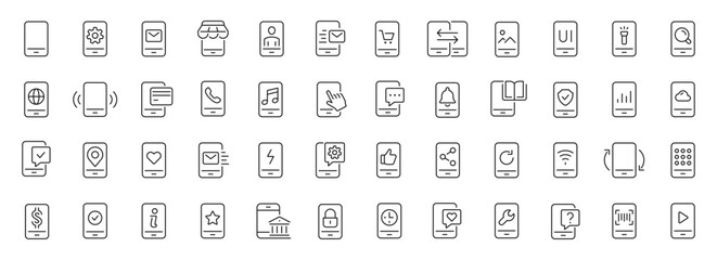 Poster - Smartphone functions thin line icons set. Mobile phone technology. Editable stroke. Vector
