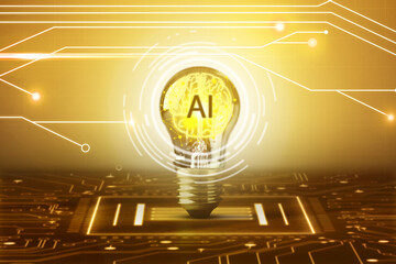 Poster - Ai abbreviation and illustration of brain in light bulb against golden background with electronic circuit board pattern