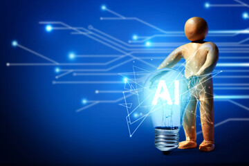 Poster - Human figure holding light bulb with Ai abbreviation i against blue background with electronic circuit board pattern. Space for text