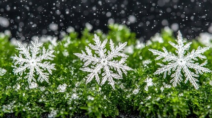 Wall Mural -   A cluster of snowflakes perched upon a verdant plant encased in white snow against a dark backdrop