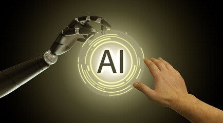 Poster - AI abbreviation between human hand and robot arm on black background. Banner design