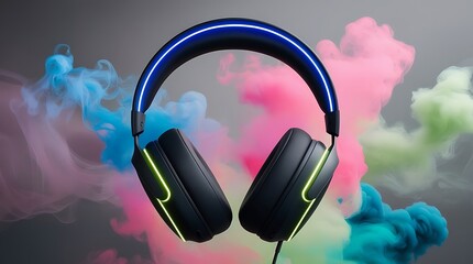 Foggy neon colored stereo headphones blank mockup.Night party ready .exploding in festive colorful splash, dust and smoke with vibrant light effects on loud music, sound pulse and beats.