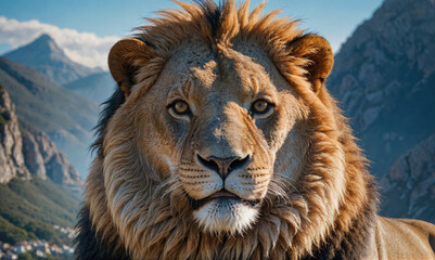 Wall Mural - a lion stares intently at the camera, with a mountain range in the background