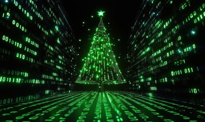 Poster - Digital Christmas tree with binary code background, glowing green lights