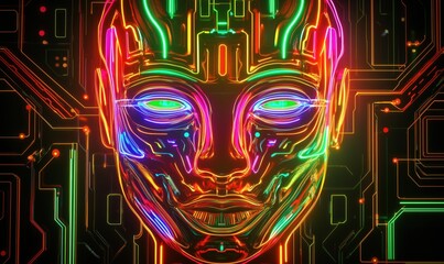 Poster - Neon robotic face with circuit patterns, vibrant colors, futuristic design
