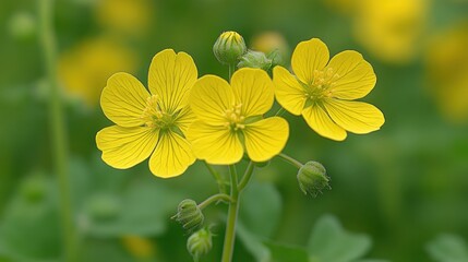 Wall Mural - Three bright yellow flowers with green foliage.