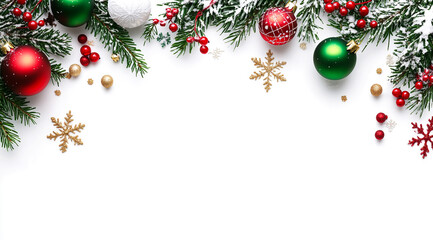 Poster - A snowy evergreen branch adorned with red and green ornaments, white balls, and gold snowflakes creates a festive holiday border on a white background