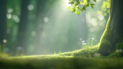 Wall Mural -   A close-up of a tree in a forest, bathed in sunlight, with lush grass growing at its base