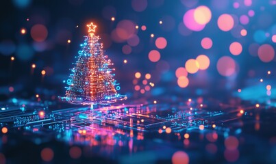 Poster - Digital Christmas tree glowing with lights, circuit board background, festive atmosphere