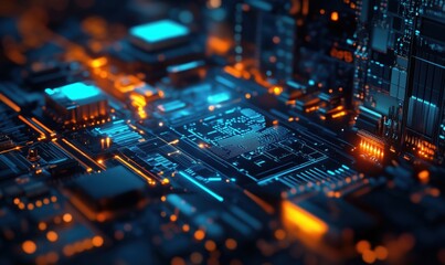 Poster - futuristic circuit board with glowing components and intricate patterns