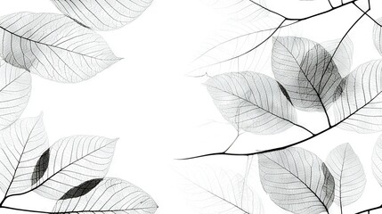   A black and white image of a tree branch with leaves in the foreground and another in the background