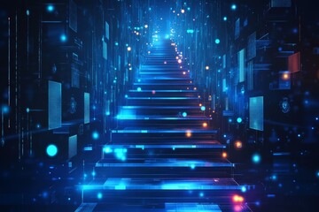 Poster - Imagine a vibrant, beautifully illuminated staircase that is gracefully set within a surreal digital environment, showcasing cuttingedge modern technology and captivating abstract design elements