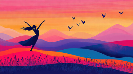 Canvas Print -   A woman stands atop a hill amidst soaring birds and a picturesque sunset backdrop