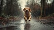 © Monchisa - Joyful dog leaping through puddles on a rainy day, droplets flying around, embodying a carefree spirit and the pure joy of playfulness in wet weather