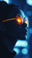 Poster - A woman with orange-tinted glasses looks up towards a blue neon light, her silhouette framed by a blurry background