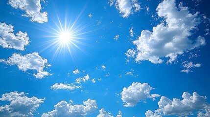 Wall Mural - Bright sun shining in a blue sky with fluffy clouds.