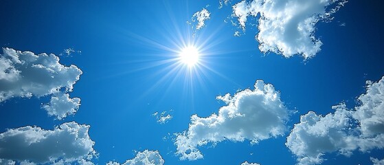 Wall Mural - Bright sun shining in a clear blue sky with scattered clouds.
