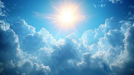 Wall Mural - Bright sun shining over fluffy clouds in a clear blue sky.