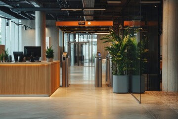 Poster - Enter a futuristic office lobby with automated security turnstiles, modern design, and advanced access control systems that greatly enhance safety and security for all building entrants