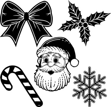 black and white line art icon set featuring Christmas minimalist symbols. set of christmas elements. Simple Christmas Icon Set  Black and White Line Art
