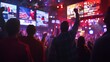 © Popu - Election Night Celebration Excited Crowd Watching Results on Big Screens, Cheers, and Anticipation