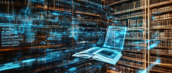 Poster - A futuristic library scene with a holographic book and digital elements.