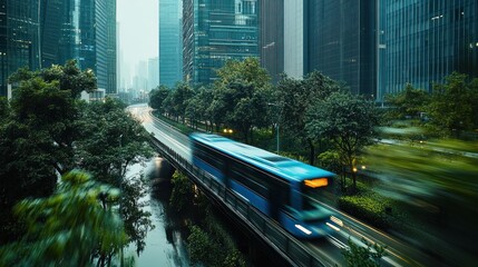 Poster - A bustling cityscape with a blue bus in motion amidst tall buildings and greenery.