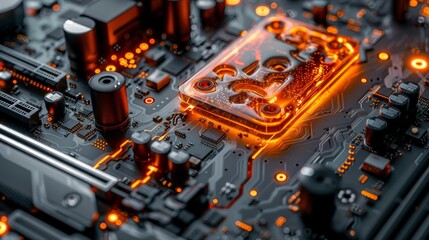 Poster - A close-up shot of a glowing CPU on a motherboard, highlighting the intricate circuitry and technological advancements.