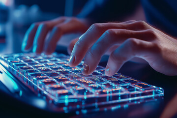 Poster - Hands calmly type on a brightly illuminated keyboard in a dimly lit environment