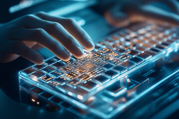 Poster - A hand interacts with a glowing transparent keyboard, showcasing technology in a dark setting at night