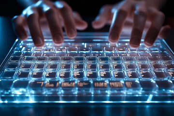 Poster - Hands move quickly over a glowing keyboard, emphasizing the merge of technology and productivity in a modern workspace