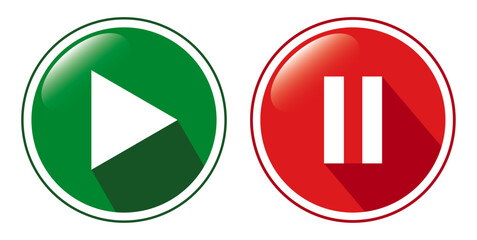 Play and pause 3D buttons isolated on transparent or white background. Green and red buttons with play and pause symbols for video, music, audio concepts, vector illustration.