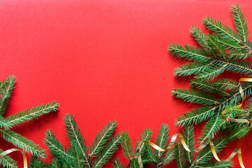 Wall Mural - happy new year frame. christmas card banner with christmas tree branches and golden decorative ribbo