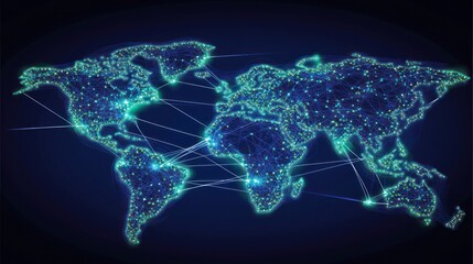 Poster - A digital representation of a global network with interconnected nodes and lines.