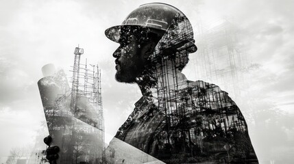 Wall Mural - a silhouette of a construction worker holding plans against an industrial backdrop.