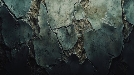 Poster - Close-up view of a dark green cracked concrete wall, revealing underlying layers and textures, creating a grunge and distressed aesthetic perfect for backgrounds and textures