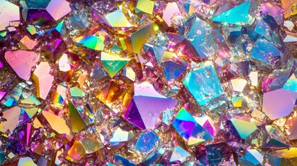 Poster - Macro photography of a colorful crystal titanium rainbow aura quartz cluster is shining bright with iridescent metallic luster, creating a mesmerizing display of light and color