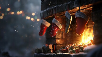 Leinwandbilder -   A fireplace adorned with Christmas stockings dangling from its sides