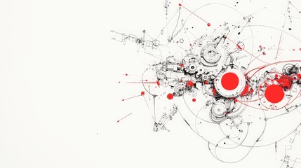 Poster - Abstract digital artwork featuring intricate mechanical elements, circular designs, and vibrant red accents with a white background, perfect for modern technology themes.
