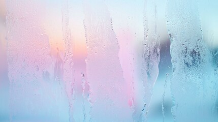 Poster - Condensation forms on glass at sunrise, creating streaks and droplets. Blue, pink, and purple hues blend in the sky, capturing the transition from cold to warm